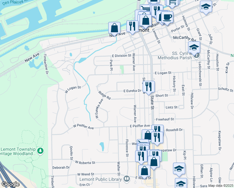 map of restaurants, bars, coffee shops, grocery stores, and more near 2 West Eureka Avenue in Lemont