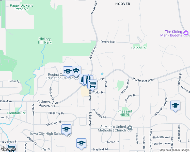 map of restaurants, bars, coffee shops, grocery stores, and more near 420 North 1st Avenue in Iowa City