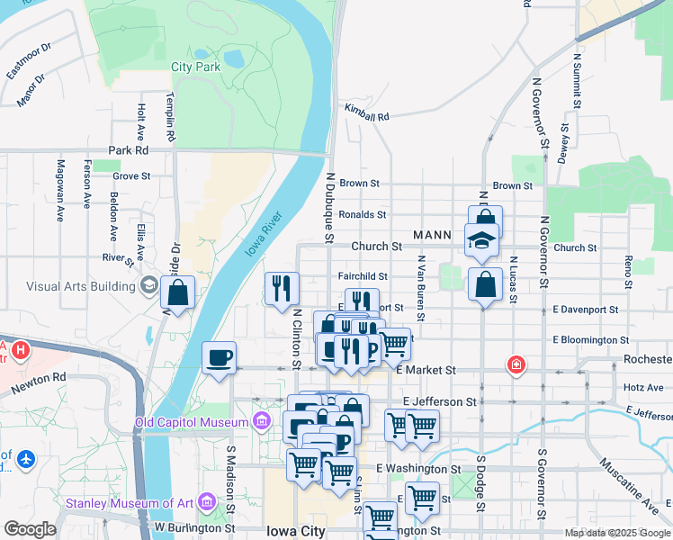 map of restaurants, bars, coffee shops, grocery stores, and more near in Iowa City