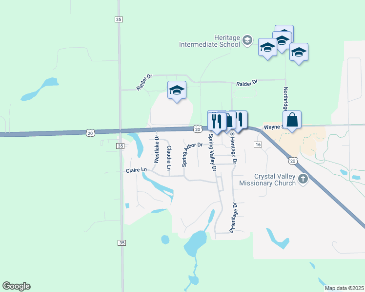 map of restaurants, bars, coffee shops, grocery stores, and more near 601 Spring Arbor Drive in Middlebury