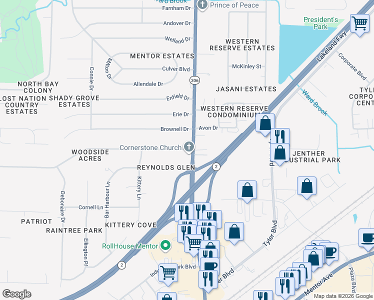 map of restaurants, bars, coffee shops, grocery stores, and more near 7510 Adkins Road in Mentor
