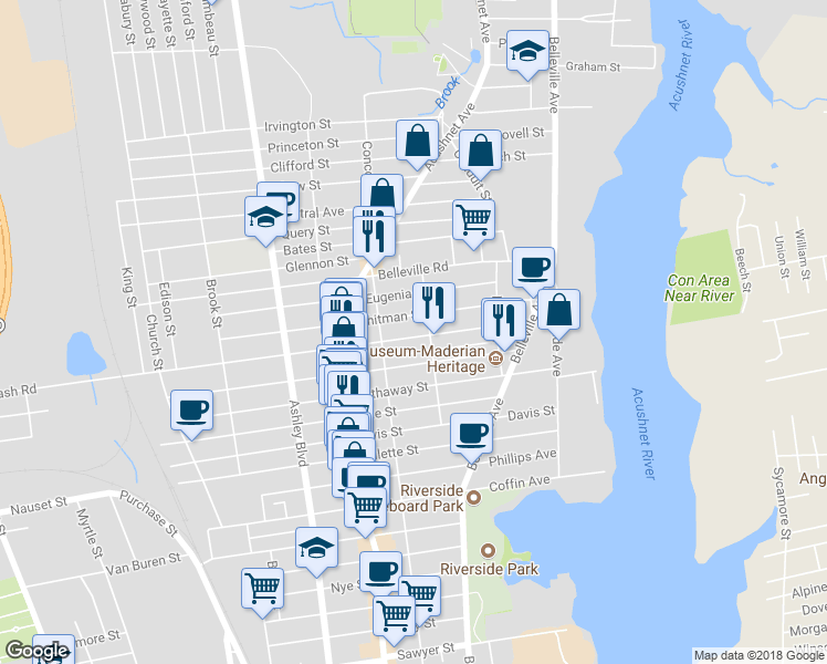 map of restaurants, bars, coffee shops, grocery stores, and more near 115 Nash Road in New Bedford