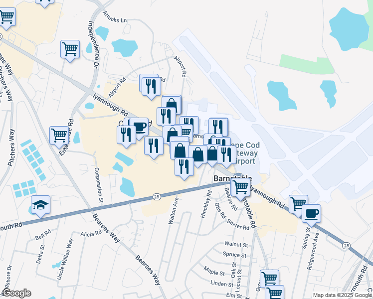 map of restaurants, bars, coffee shops, grocery stores, and more near 655 Iyannough Road in Barnstable