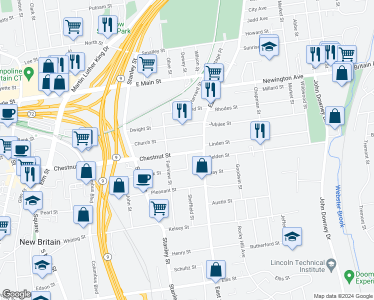 map of restaurants, bars, coffee shops, grocery stores, and more near 412 Chestnut Street in New Britain