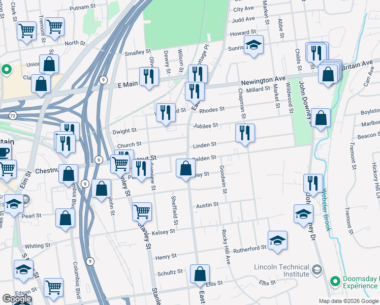 map of restaurants, bars, coffee shops, grocery stores, and more near 513 East Street in New Britain