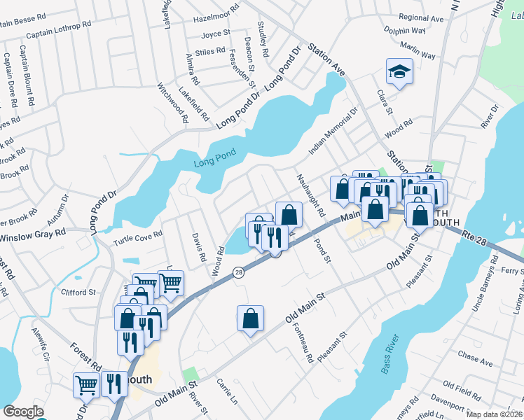 map of restaurants, bars, coffee shops, grocery stores, and more near 168 Wood Road in Yarmouth