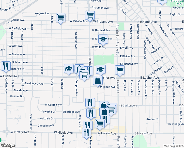 map of restaurants, bars, coffee shops, grocery stores, and more near 246 W Lusher Ave in Elkhart