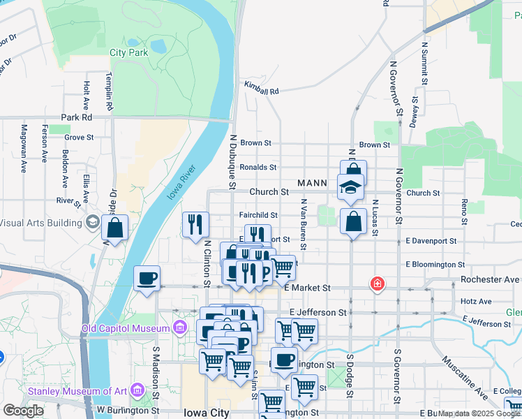 map of restaurants, bars, coffee shops, grocery stores, and more near 506 North Linn Street in Iowa City