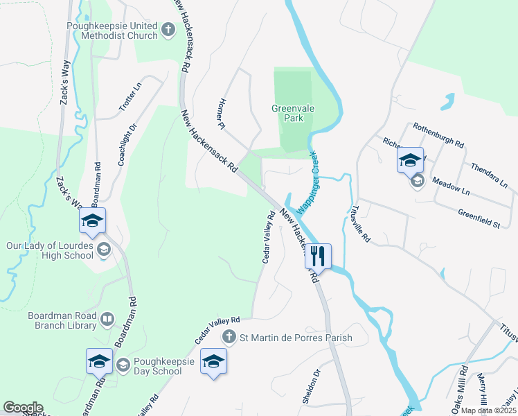 map of restaurants, bars, coffee shops, grocery stores, and more near 9 Cedar Valley Road in Poughkeepsie