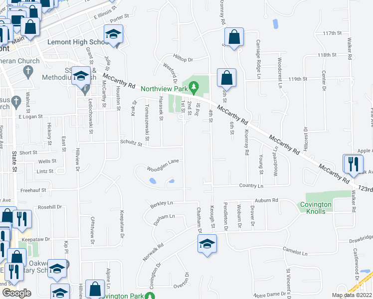 map of restaurants, bars, coffee shops, grocery stores, and more near 609 1st Street in Lemont