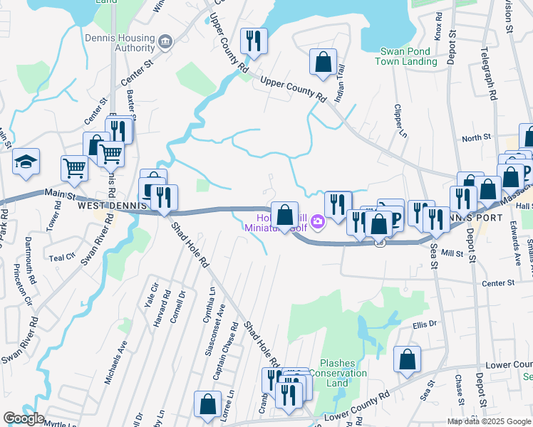 map of restaurants, bars, coffee shops, grocery stores, and more near 223 Massachusetts 28 in Dennis