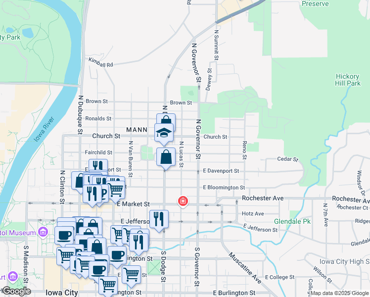 map of restaurants, bars, coffee shops, grocery stores, and more near 804 Fairchild St in Iowa City