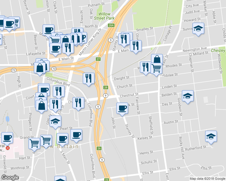 map of restaurants, bars, coffee shops, grocery stores, and more near 712 Stanley Street in New Britain