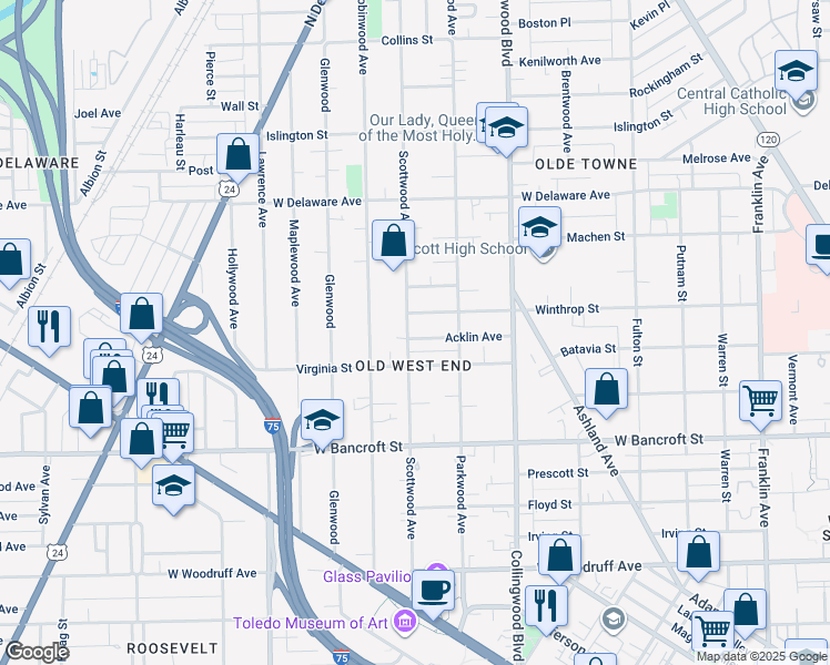 map of restaurants, bars, coffee shops, grocery stores, and more near 2330 Scottwood Avenue in Toledo