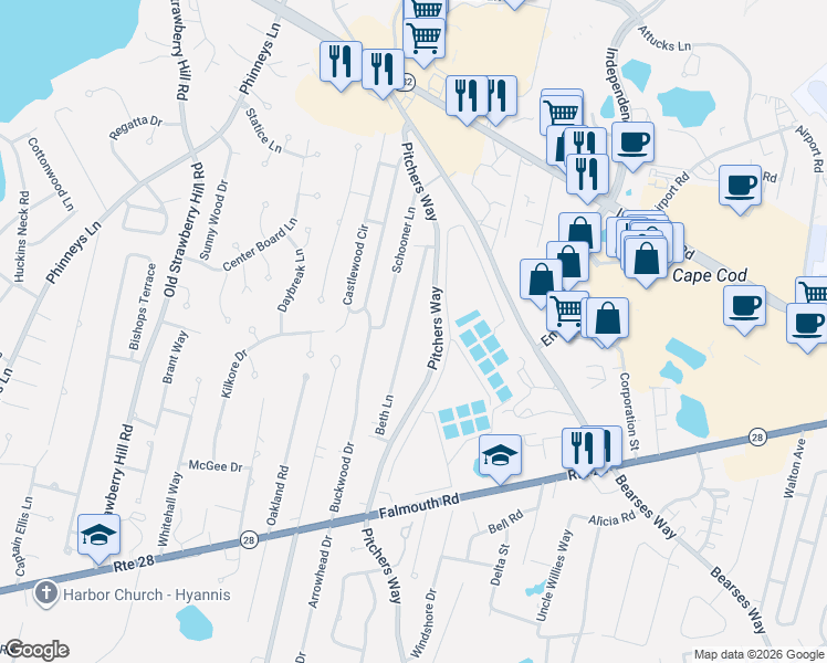 map of restaurants, bars, coffee shops, grocery stores, and more near 86 Beth Lane in Barnstable