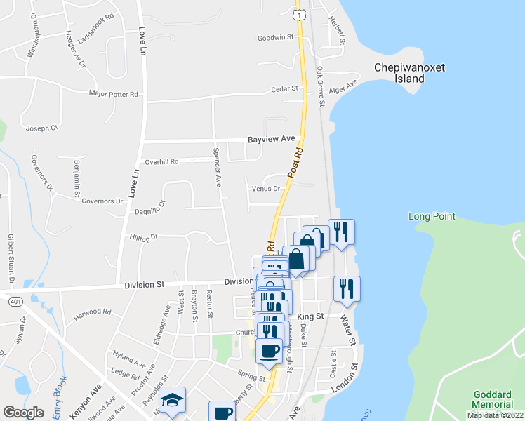 map of restaurants, bars, coffee shops, grocery stores, and more near 36 Corey Avenue in East Greenwich