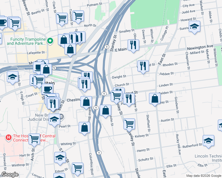 map of restaurants, bars, coffee shops, grocery stores, and more near 712 Stanley Street in New Britain
