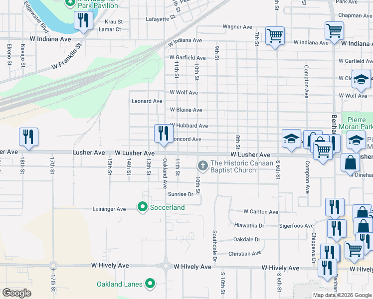 map of restaurants, bars, coffee shops, grocery stores, and more near 1020 West Lusher Avenue in Elkhart