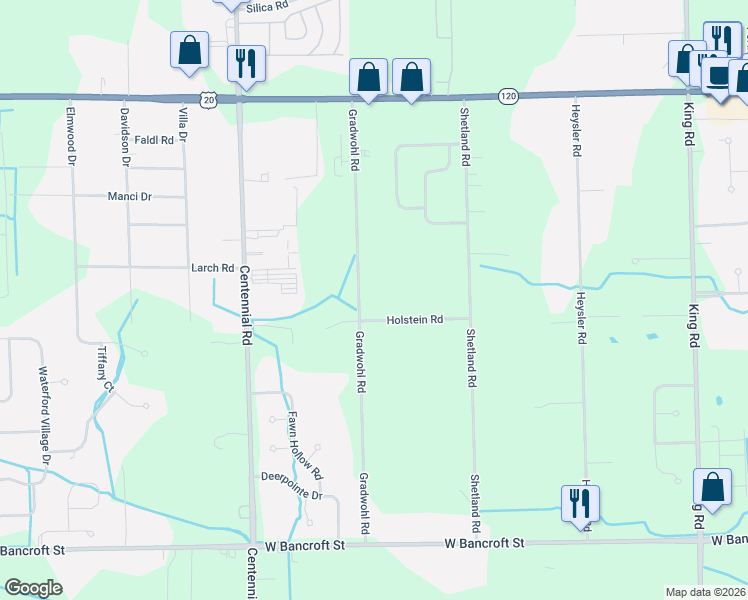 map of restaurants, bars, coffee shops, grocery stores, and more near 8050 Holstein Road in Toledo