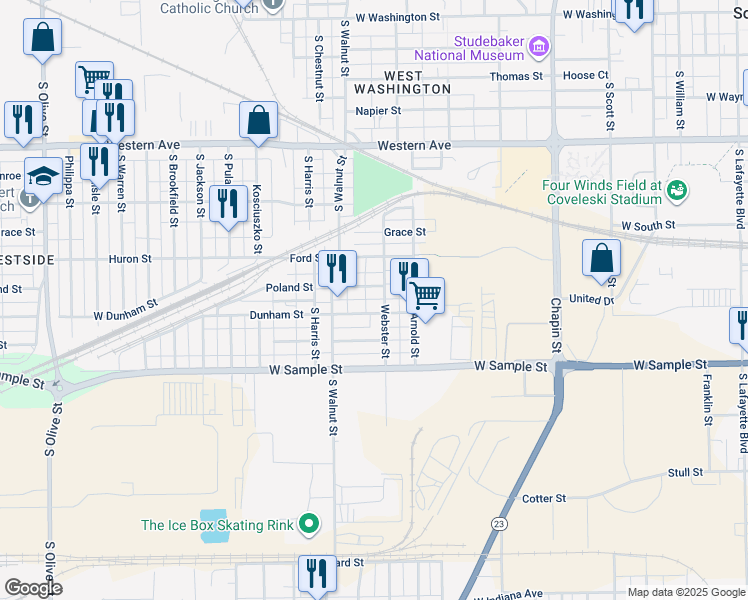 map of restaurants, bars, coffee shops, grocery stores, and more near 1321 West Poland Street in South Bend