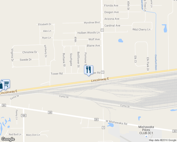 map of restaurants, bars, coffee shops, grocery stores, and more near 30133 Tower Road in Elkhart
