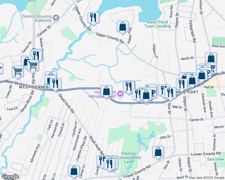 map of restaurants, bars, coffee shops, grocery stores, and more near 282 Main Street in Dennis