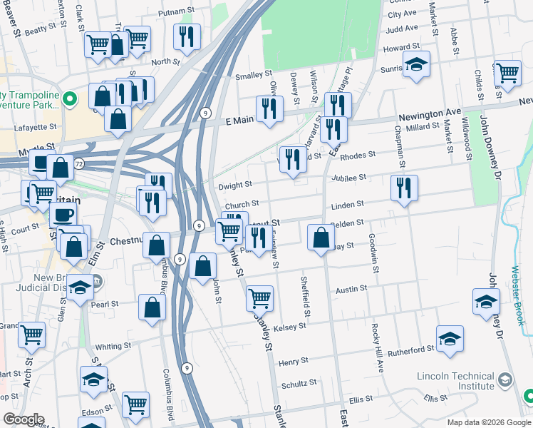 map of restaurants, bars, coffee shops, grocery stores, and more near 340 Chestnut Street in New Britain