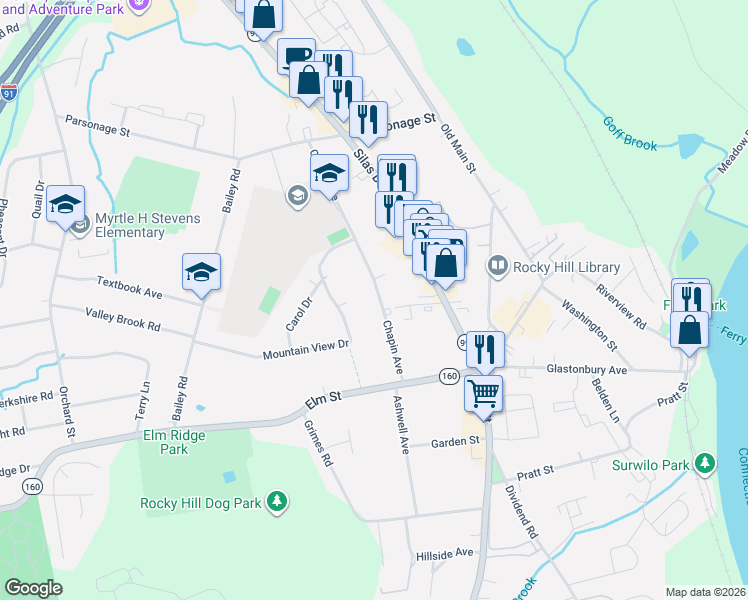 map of restaurants, bars, coffee shops, grocery stores, and more near 23 Chapin Avenue in Rocky Hill