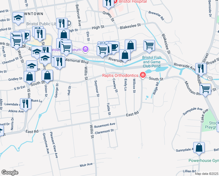 map of restaurants, bars, coffee shops, grocery stores, and more near 27 Howard Avenue in Bristol
