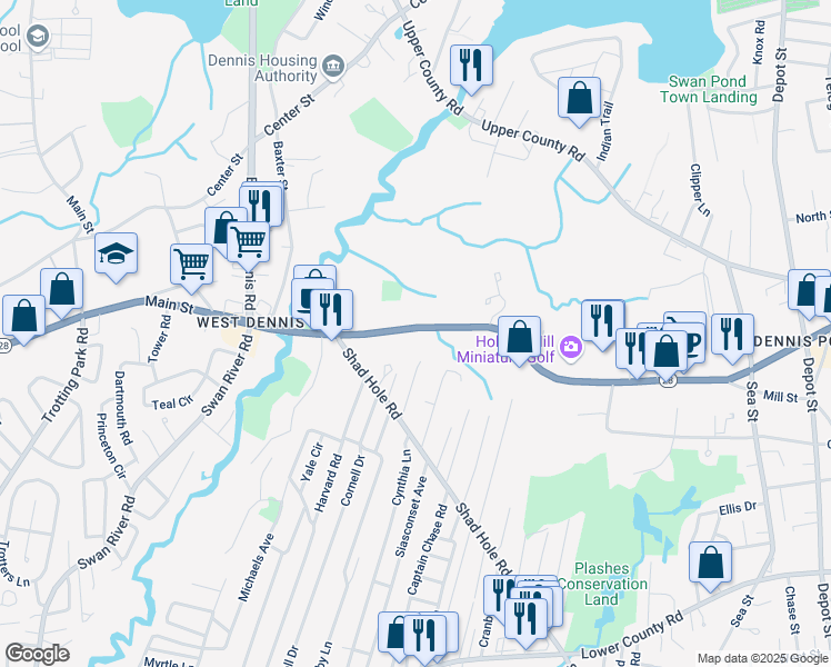 map of restaurants, bars, coffee shops, grocery stores, and more near 143 Massachusetts 28 in Dennis