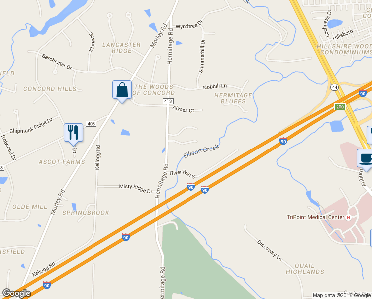 map of restaurants, bars, coffee shops, grocery stores, and more near 7455 Hermitage Road in Painesville