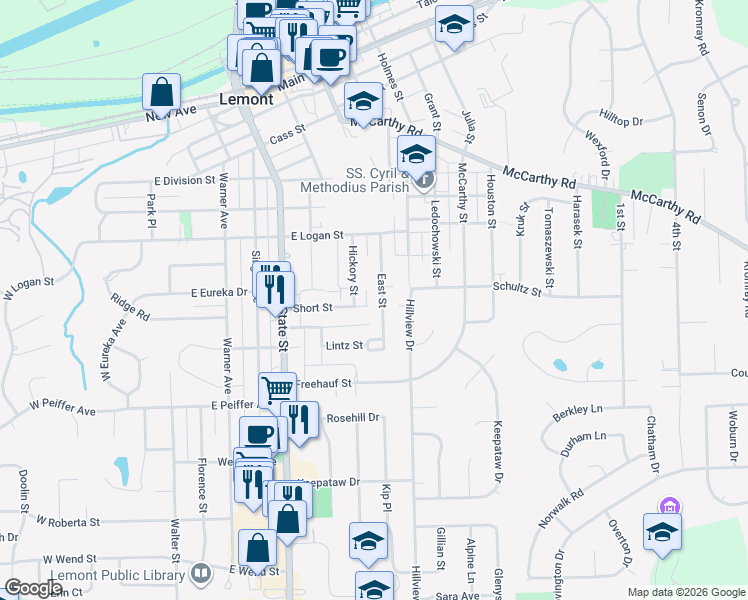 map of restaurants, bars, coffee shops, grocery stores, and more near 800 Short Street in Lemont