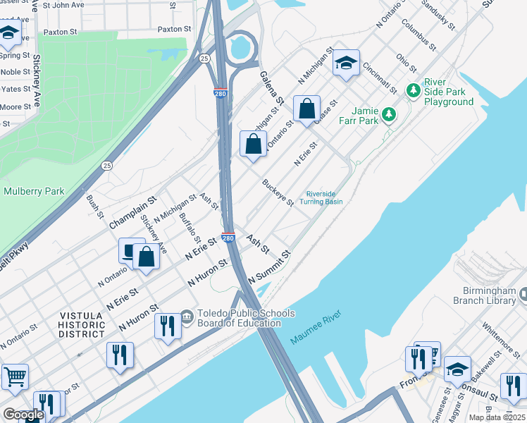map of restaurants, bars, coffee shops, grocery stores, and more near 1846 North Erie Street in Toledo