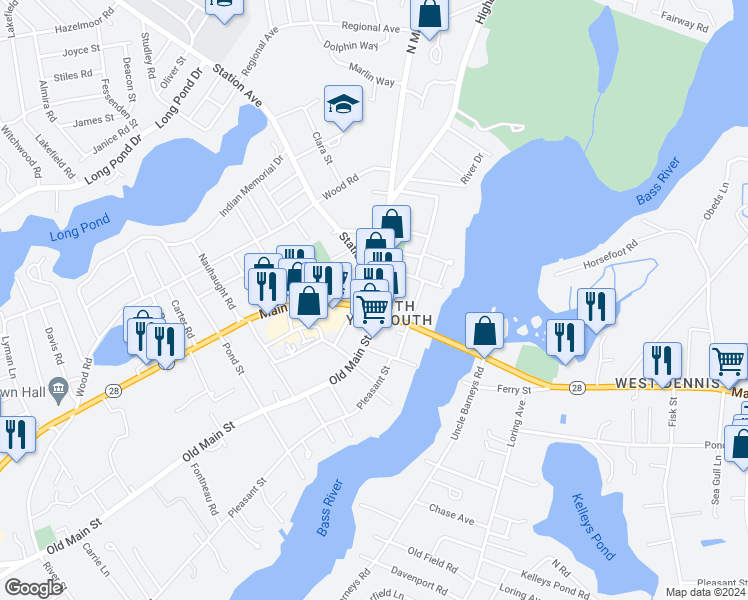 map of restaurants, bars, coffee shops, grocery stores, and more near in Yarmouth