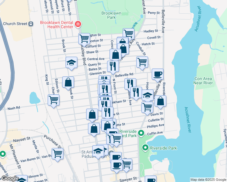 map of restaurants, bars, coffee shops, grocery stores, and more near 523 North Front Street in New Bedford