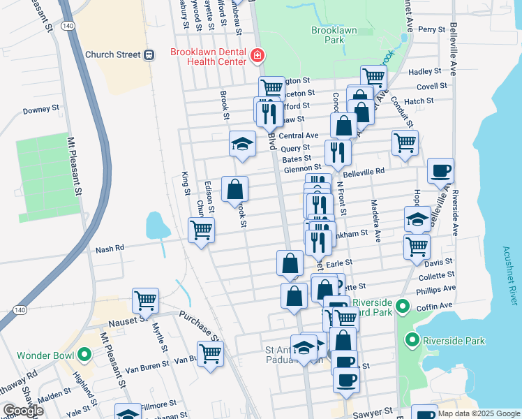 map of restaurants, bars, coffee shops, grocery stores, and more near 248 Whitman Street in New Bedford