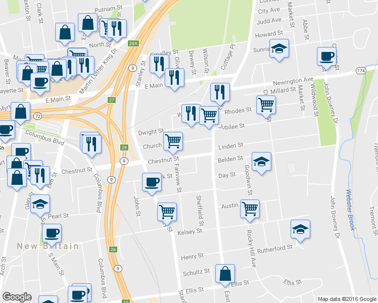 map of restaurants, bars, coffee shops, grocery stores, and more near 380 Chestnut Street in New Britain