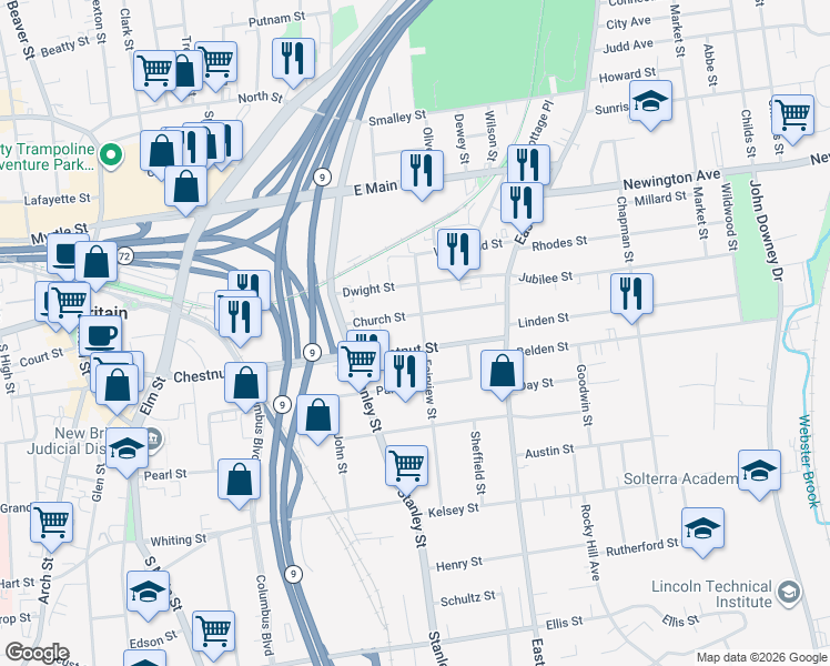 map of restaurants, bars, coffee shops, grocery stores, and more near 340 Chestnut Street in New Britain