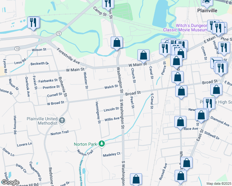 map of restaurants, bars, coffee shops, grocery stores, and more near 149 Broad Street in Plainville