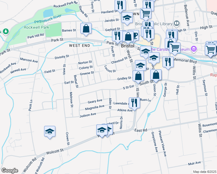 map of restaurants, bars, coffee shops, grocery stores, and more near 125 South Street Extension in Bristol
