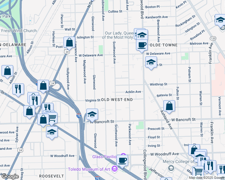 map of restaurants, bars, coffee shops, grocery stores, and more near 2330 Scottwood Avenue in Toledo