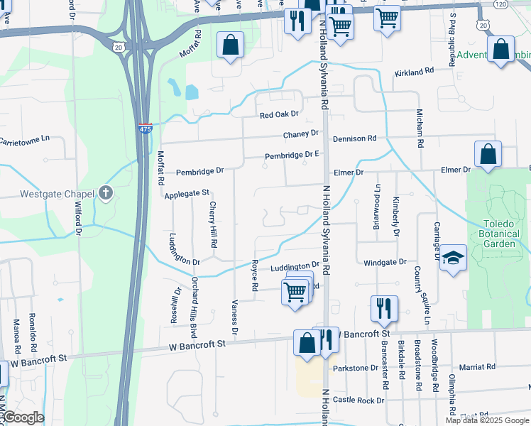 map of restaurants, bars, coffee shops, grocery stores, and more near 2500 Royce Road in Toledo