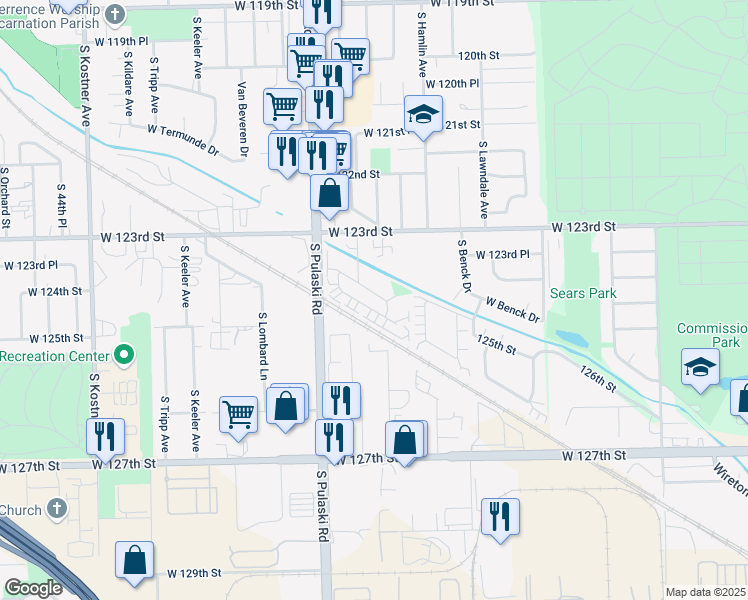 map of restaurants, bars, coffee shops, grocery stores, and more near 3846 West 124th Place in Alsip