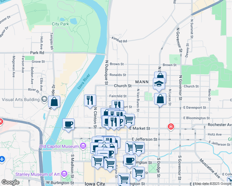 map of restaurants, bars, coffee shops, grocery stores, and more near 506 North Linn Street in Iowa City