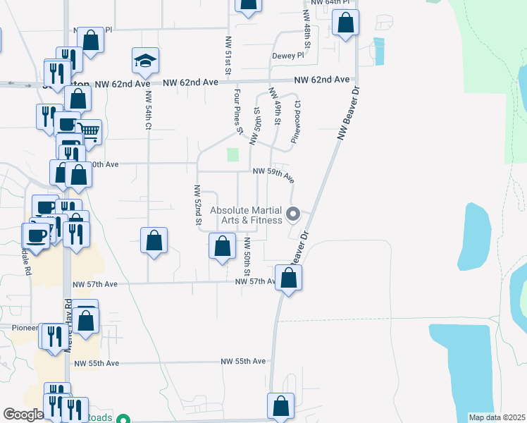 map of restaurants, bars, coffee shops, grocery stores, and more near 5833 Northwest 50th Street in Johnston