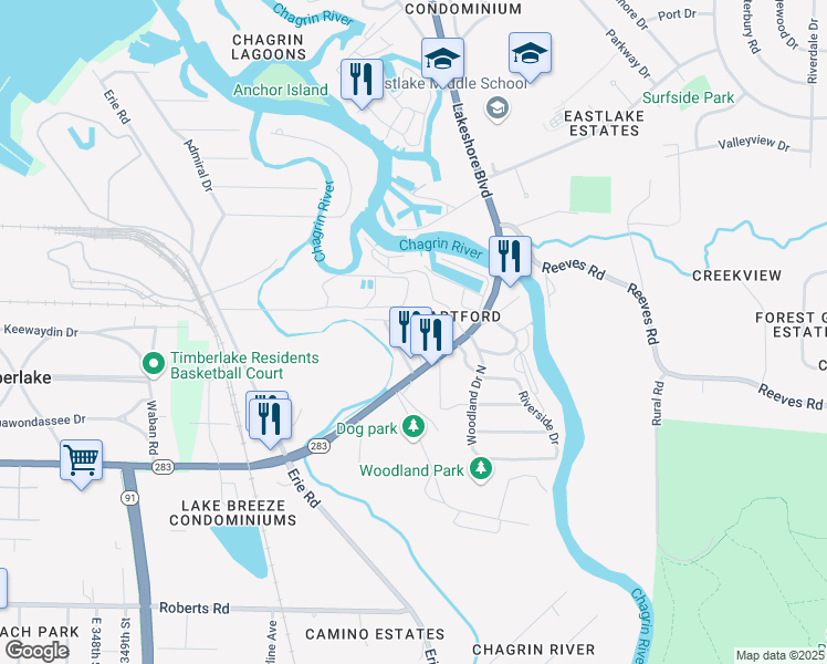 map of restaurants, bars, coffee shops, grocery stores, and more near 1 Gilbert Drive in Eastlake