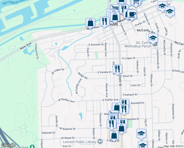 map of restaurants, bars, coffee shops, grocery stores, and more near 2 West Eureka Avenue in Lemont