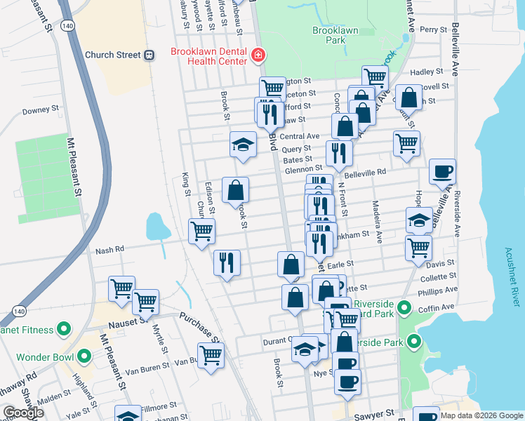 map of restaurants, bars, coffee shops, grocery stores, and more near 248 Whitman Street in New Bedford