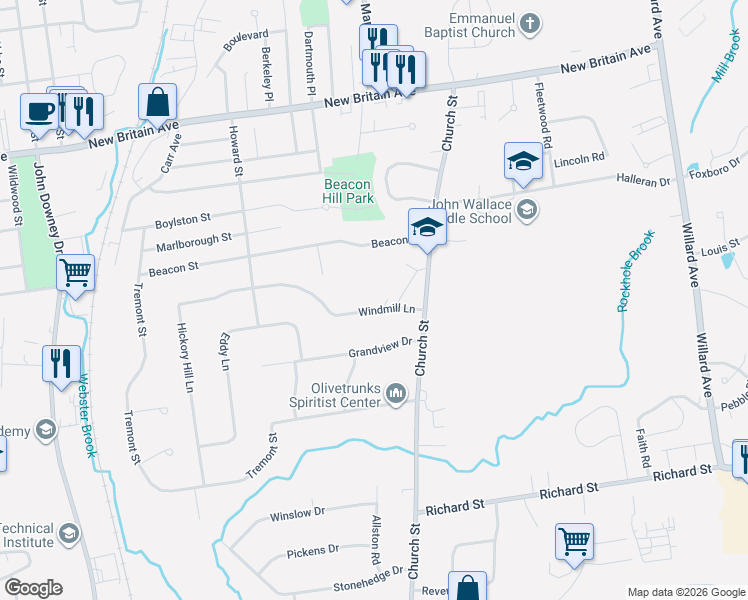 map of restaurants, bars, coffee shops, grocery stores, and more near 124 Windmill Lane in Newington