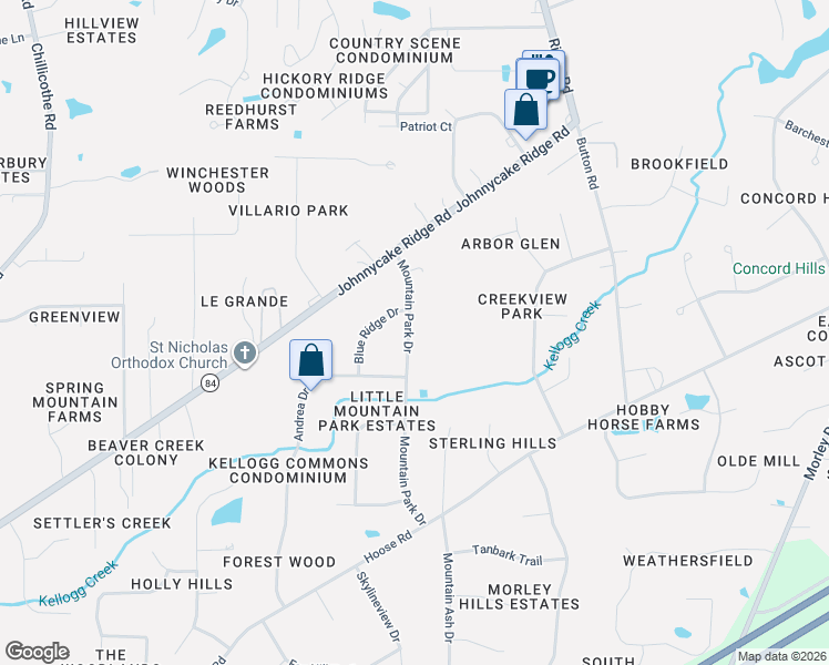 map of restaurants, bars, coffee shops, grocery stores, and more near 7476 Mountain Park Drive in Mentor